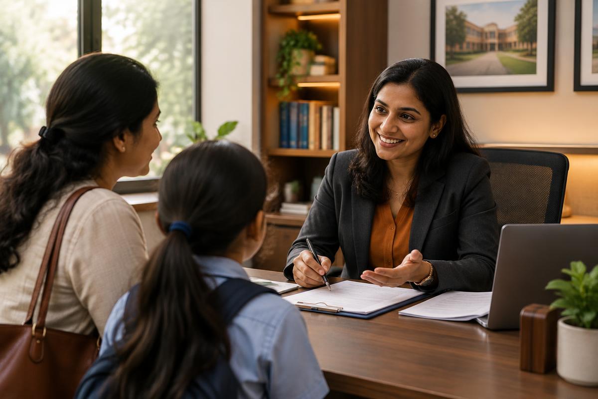 Admissions counselor welcoming a family