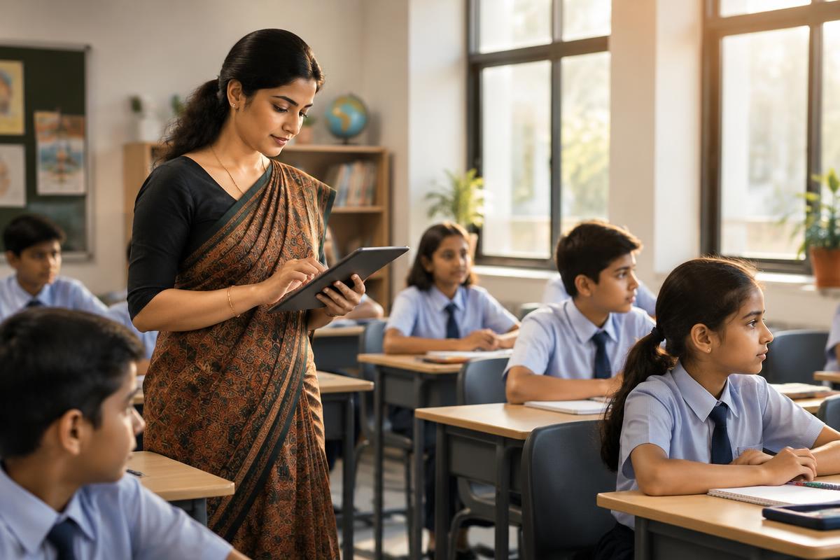 Teacher recording student attendance on a tablet