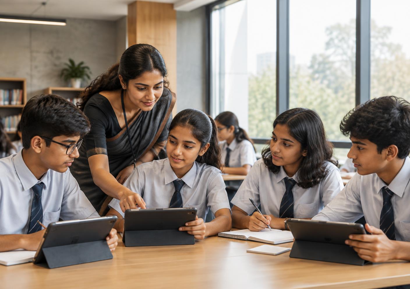 Teacher guiding students through a digital classroom activity