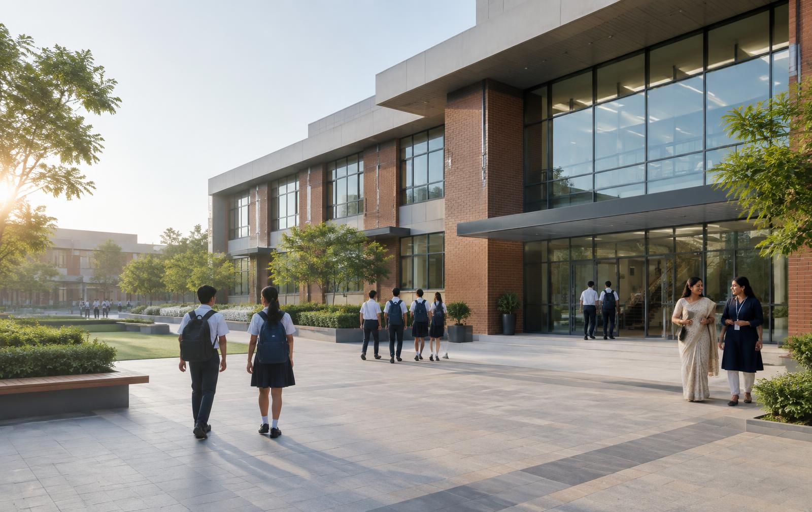 Modern connected school campus with students and teachers