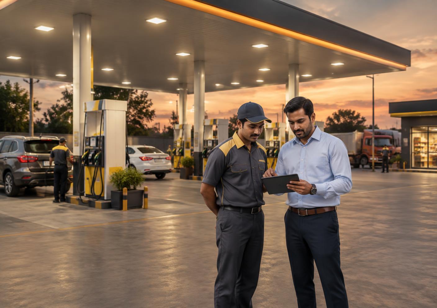 Fuel station manager and attendant reviewing daily operations