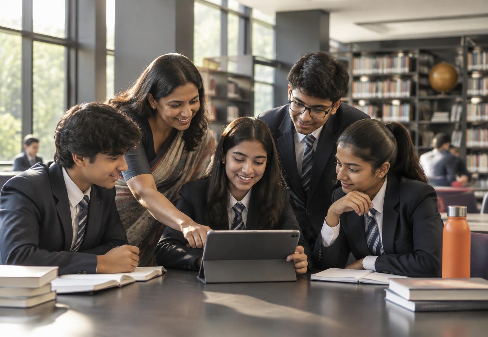 Students and a teacher collaborating with school technology